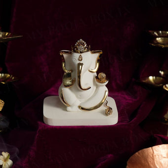 Crown Lord Ganesha Gold Plated Marble Idol for Home / Car