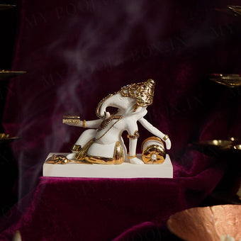Reading Book Gold Plated Marble Ganesha Car Idol