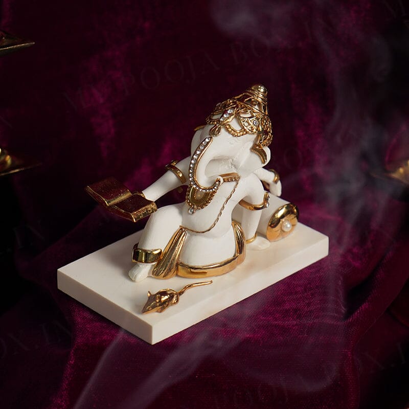 Reading Book Gold Plated Marble Ganesha Idol