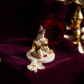 Mighty Lord Hanuman Gold Plated Marble Car Idol (Small)