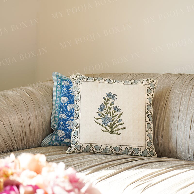 Neelam Blue Floral Block Print Cotton Cushion Cover