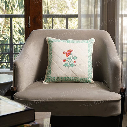 Hibiscus Floral Block Print Quilted Cushion cover