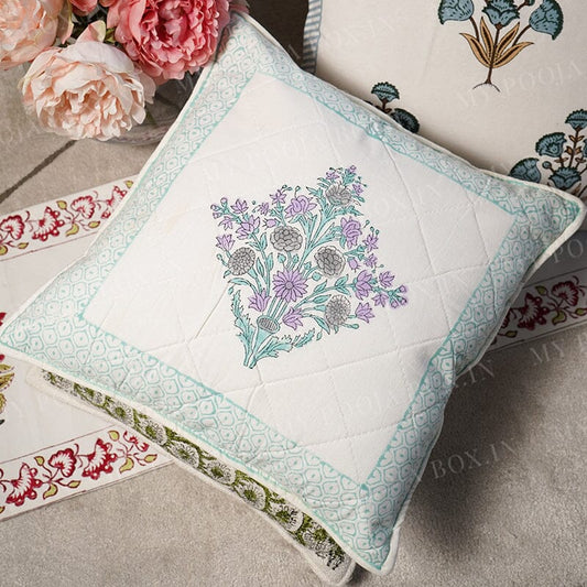 Mughal Floral Block Print Quilted Cushion Cover