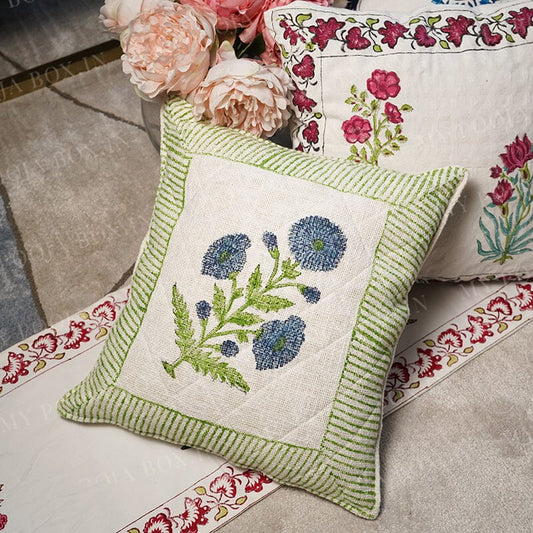 Blue Marigold Floral Block Print Quilted Cushion Cover