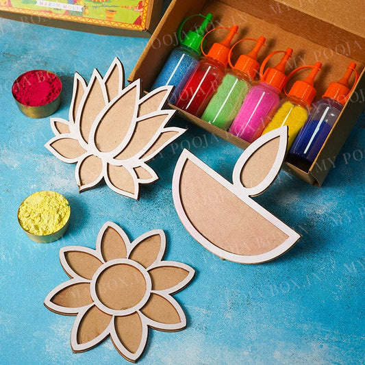 Lotus Diya Flower Pattern Rangoli Design Stencil Box With Colors