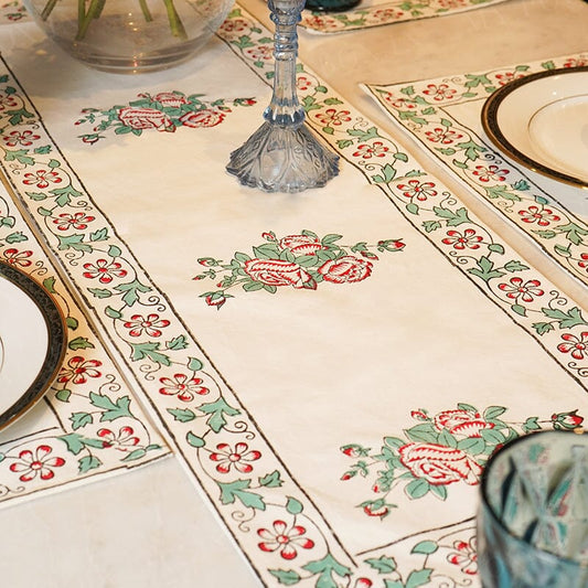 Green Red Meera Floral Block Print Cotton Table Runner