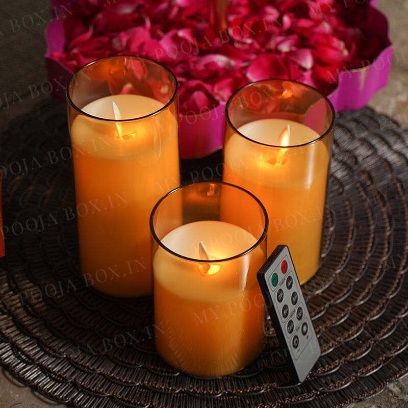 LED Flickering Golden Acrylic Glass Pillar Candles With Remote (Set of 3)