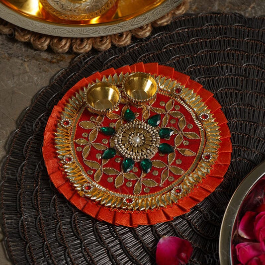 Rajwada Gota Patti Orange Pooja Thali 6