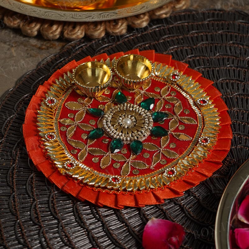 Rajwada Gota Patti Orange Pooja Thali 6"