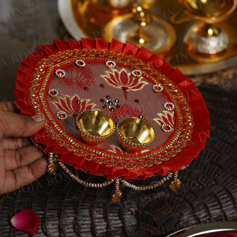 Red Pooja Thali With Ribbon Work 5''