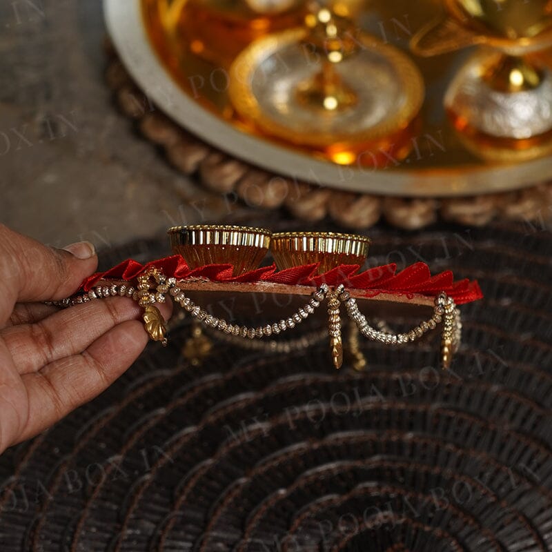 Red Pooja Thali With Ribbon Work 5''