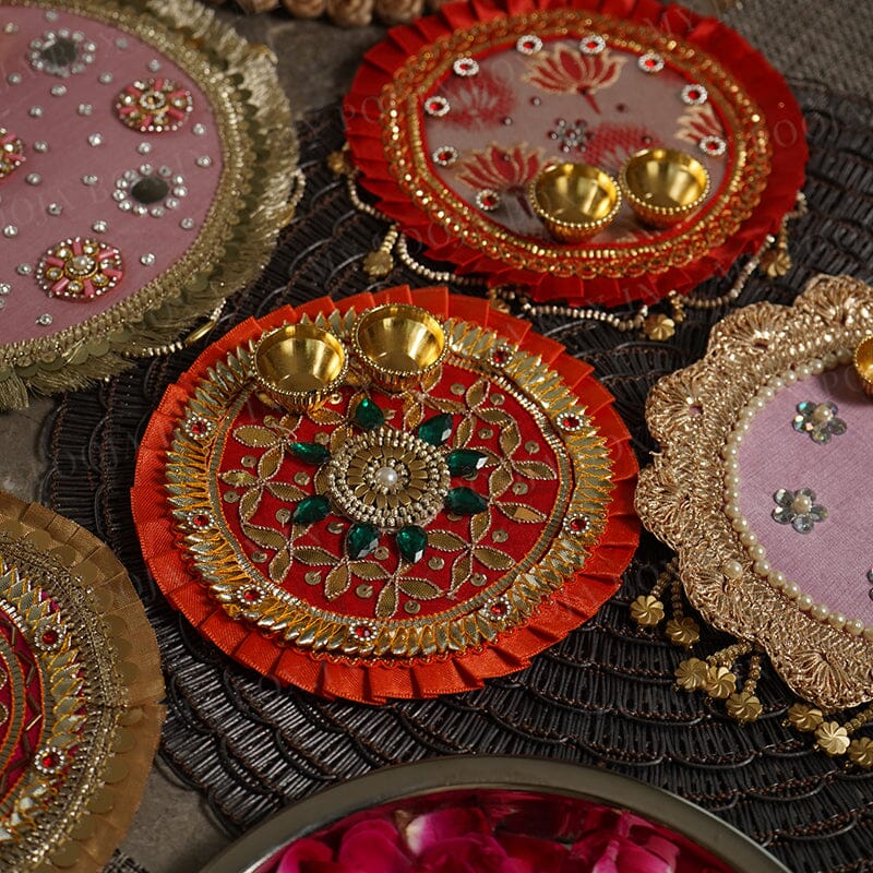 Rajwada Gota Patti Orange Pooja Thali 6"