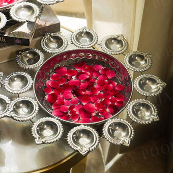 Aesthetic Silver Finish Floral Urli With Diya