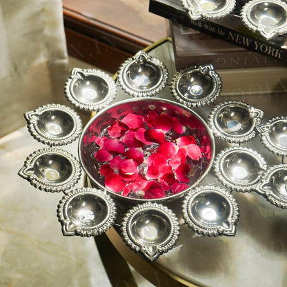 Aesthetic Silver Finish Floral Urli With Diya