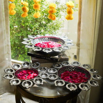 Aesthetic Silver Finish Floral Urli With Diya