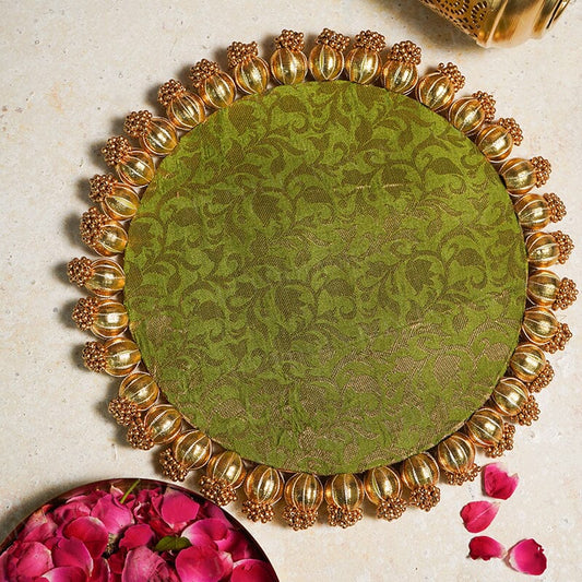 Brocade Two Sided Aasan Pooja Mat with Bead Work - 30cm