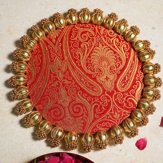 Brocade Two Sided Pooja Mat with Bead Work - 26cm