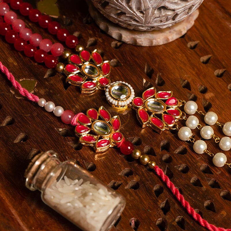 Red Bead & Kundan Flower Bhaiya Bhabhi Rakhi