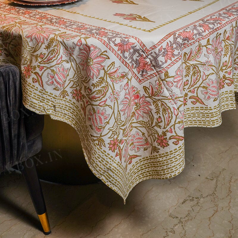Pink Daisy Jaal Block Printed Table Cover
