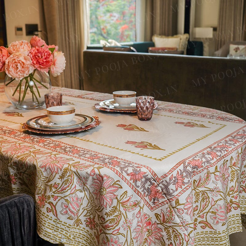 Pink Daisy Jaal Block Printed Table Cover