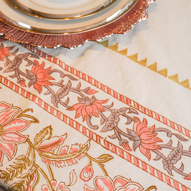 Pink Daisy Jaal Block Printed Table Cover