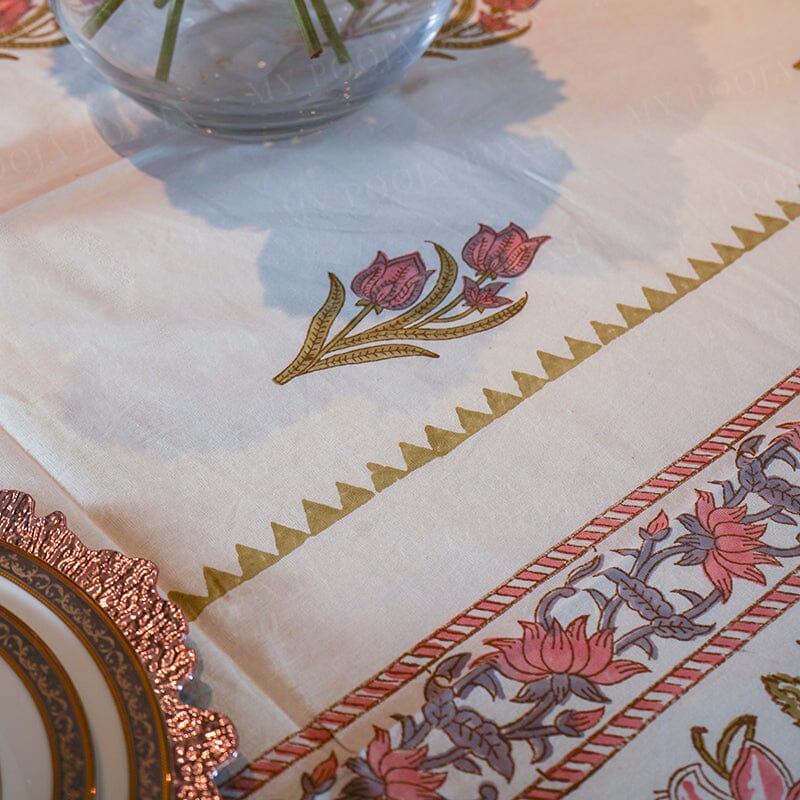 Pink Daisy Jaal Block Printed Table Cover