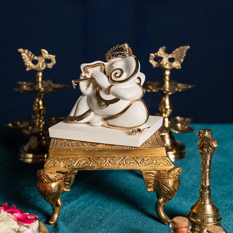 Gold Plated Ganesha with Flute Marble Idol
