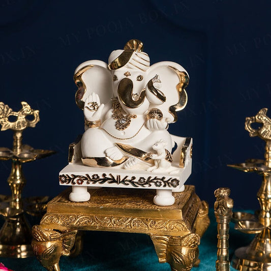 Gold Plated Pagdi Ganesha Marble Idol