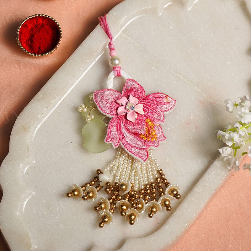 Floral Pink Embroidered Bhabhi Lumba Rakhi