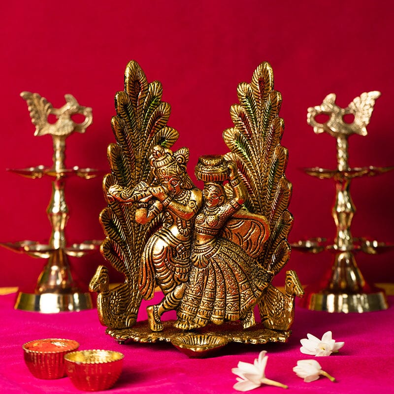 Peacock Radha Krishna Idol with Diya