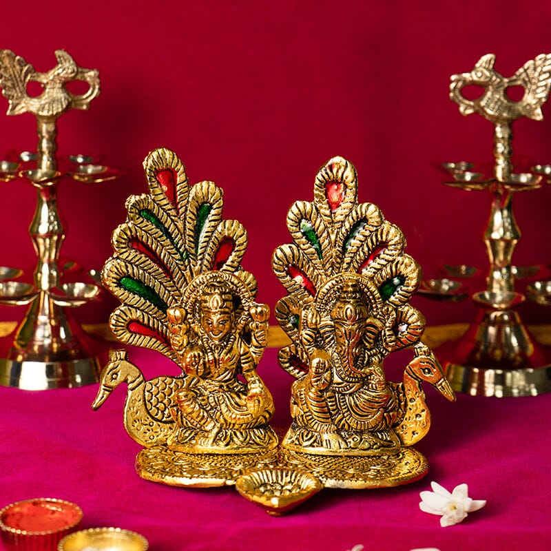Peacock Ganesh Laxmi Idol with Diya