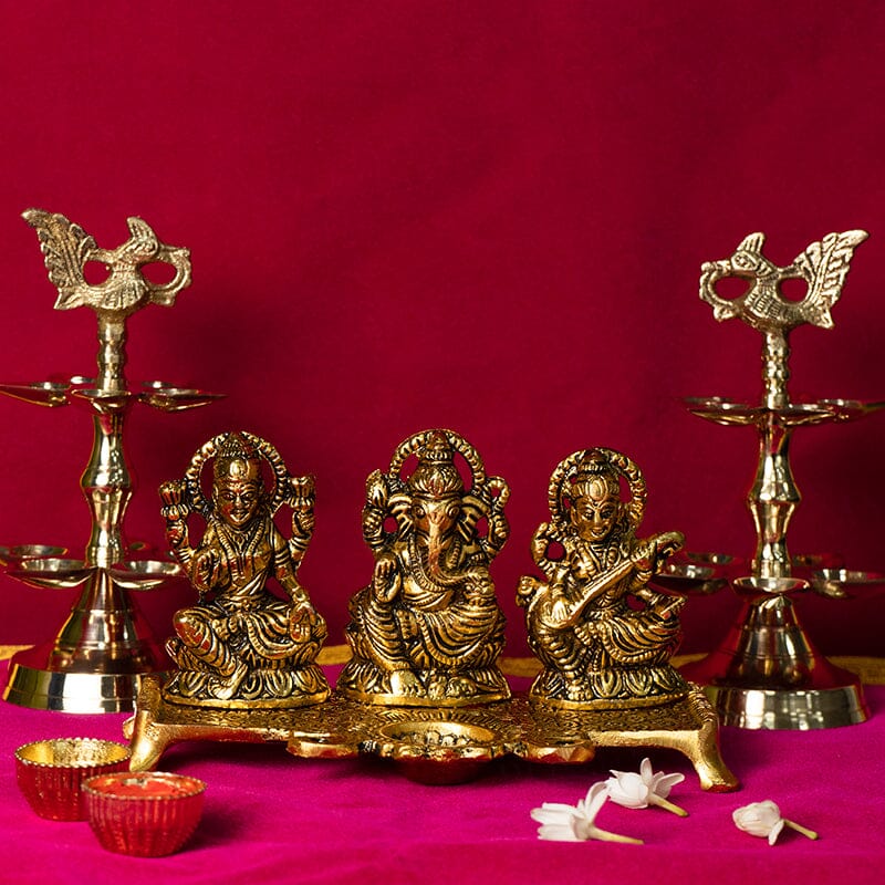 Auspicious Saraswati Laxmi Ganesh With Diya