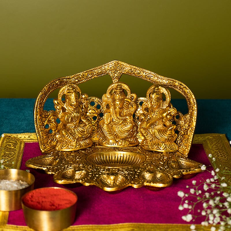 Traditional Laxmi Ganesha Saraswati Idol with Diya