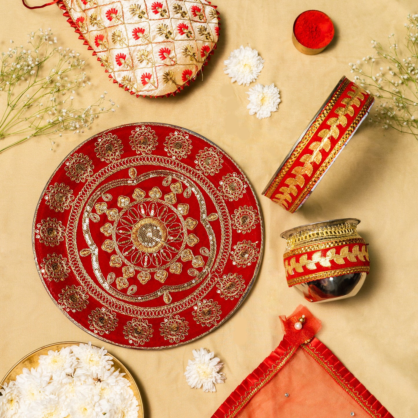 Swarnika Red Zari Karwa Chauth Thali Set