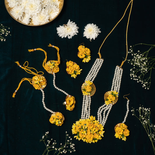 Yellow Petals & Pearls Floral Jewellery Set