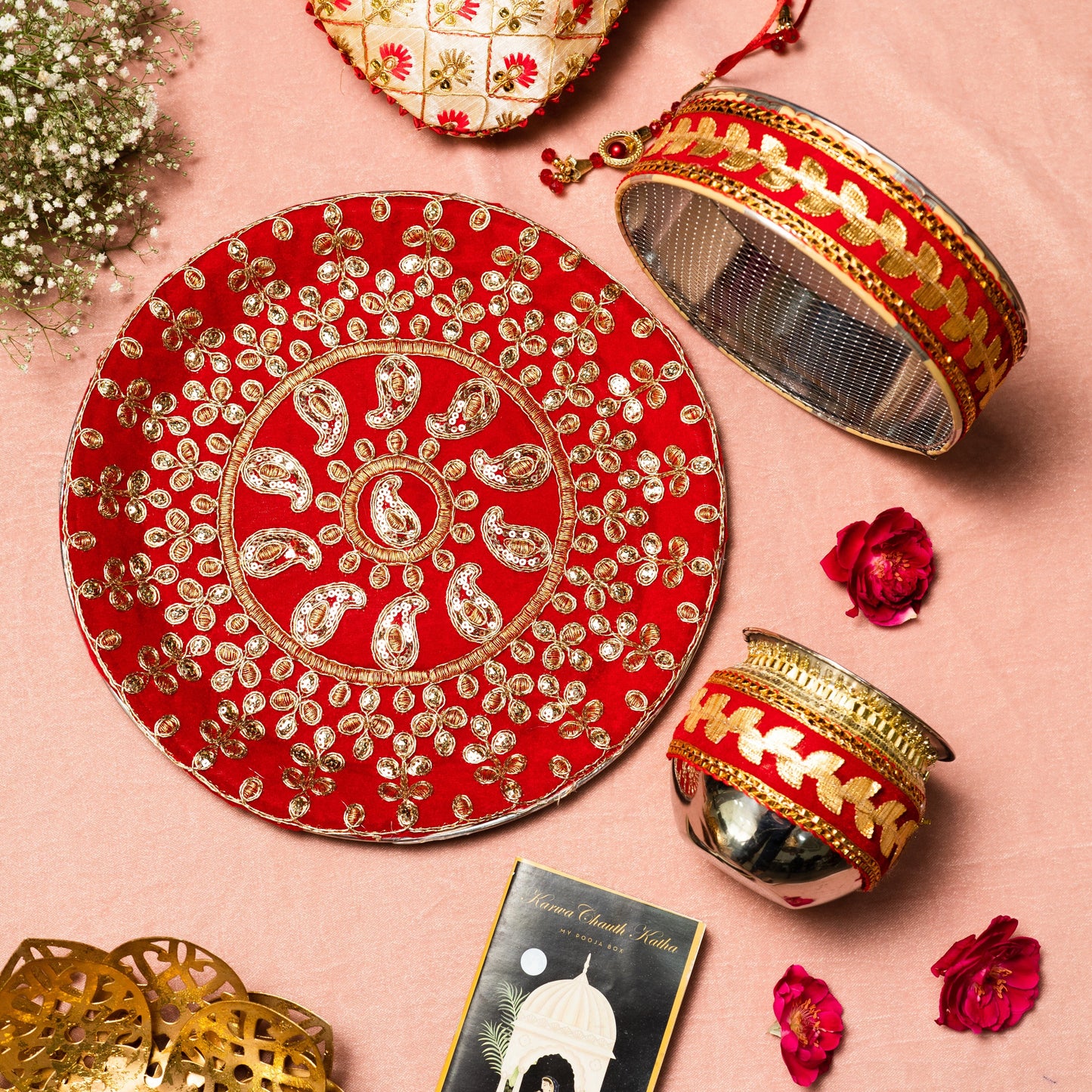 Swarnika Red Zari Karwa Chauth Thali Set