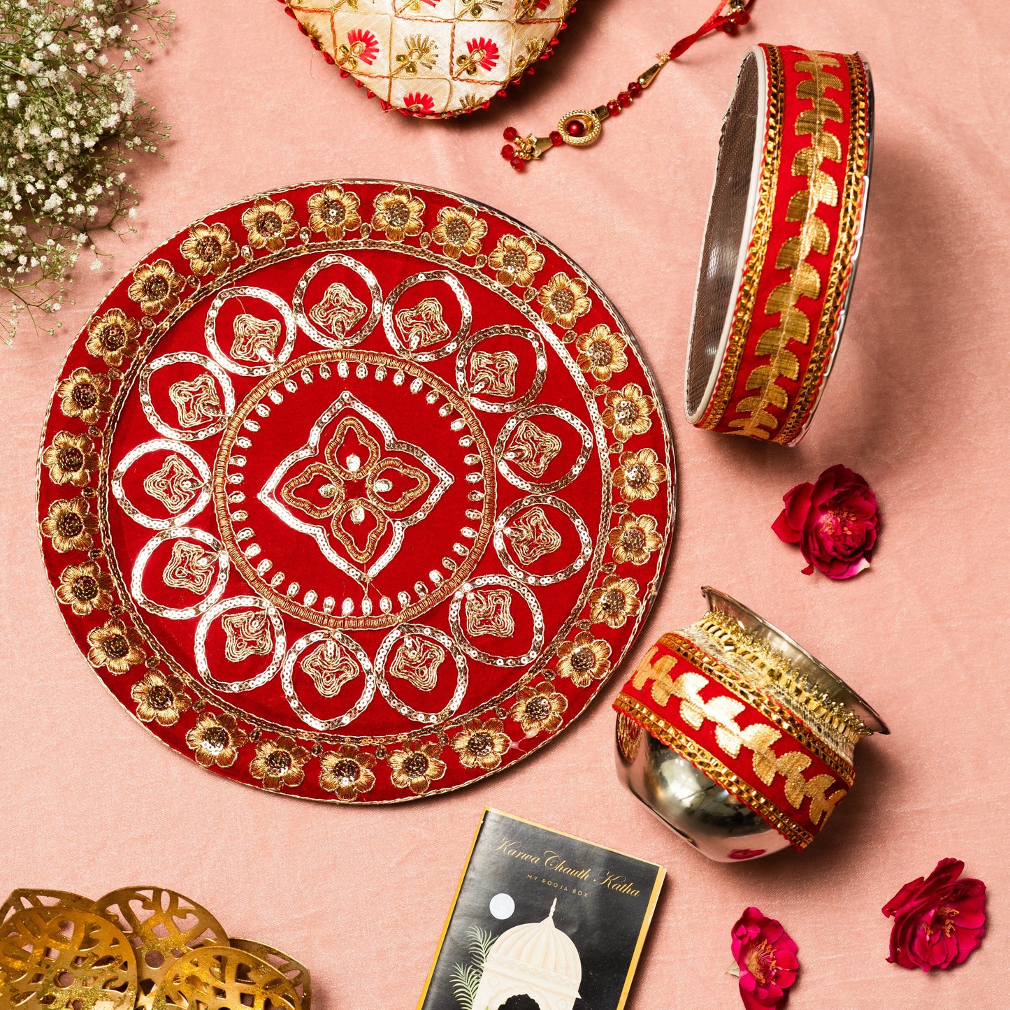 Swarnika Red Zari Karwa Chauth Thali Set