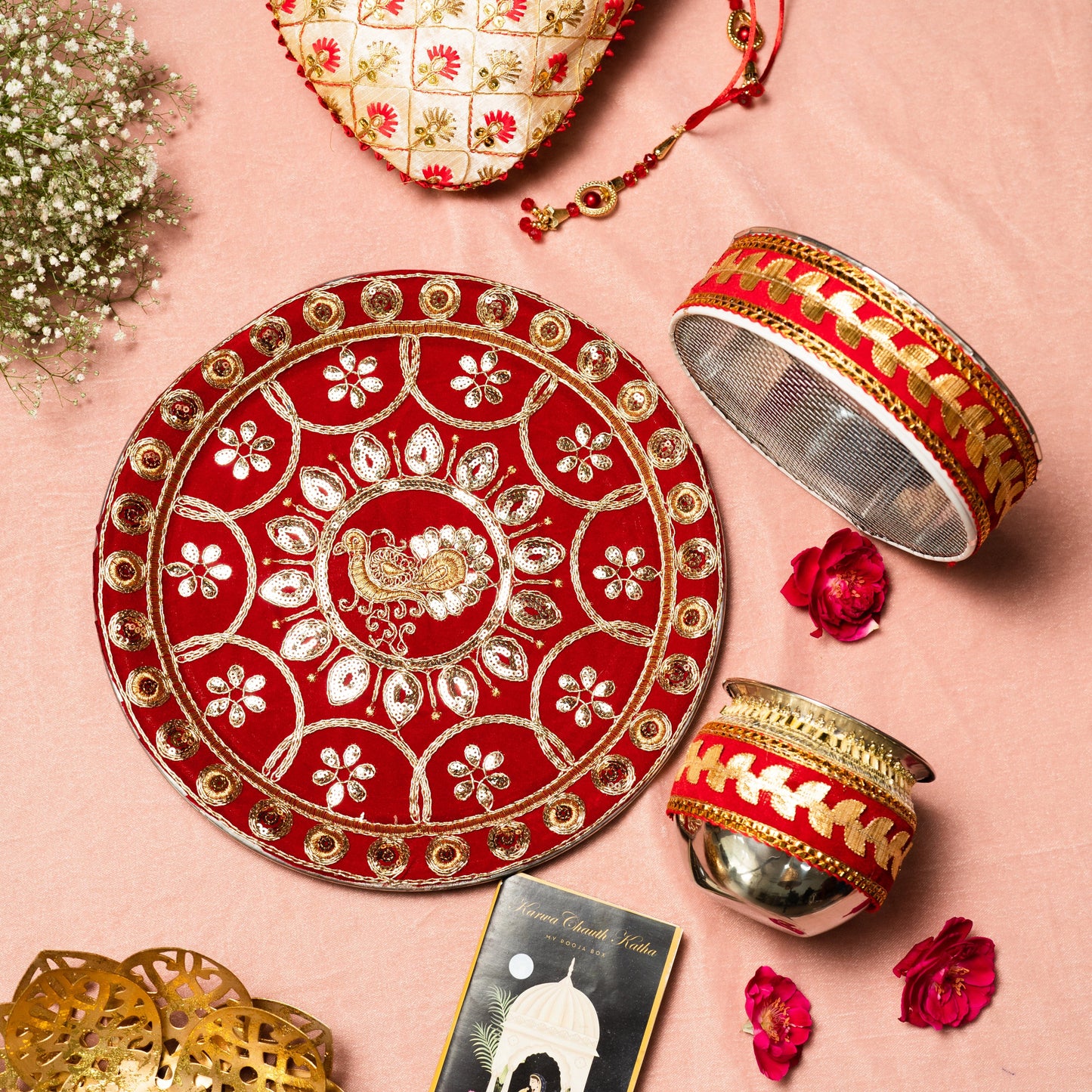 Swarnika Red Zari Karwa Chauth Thali Set