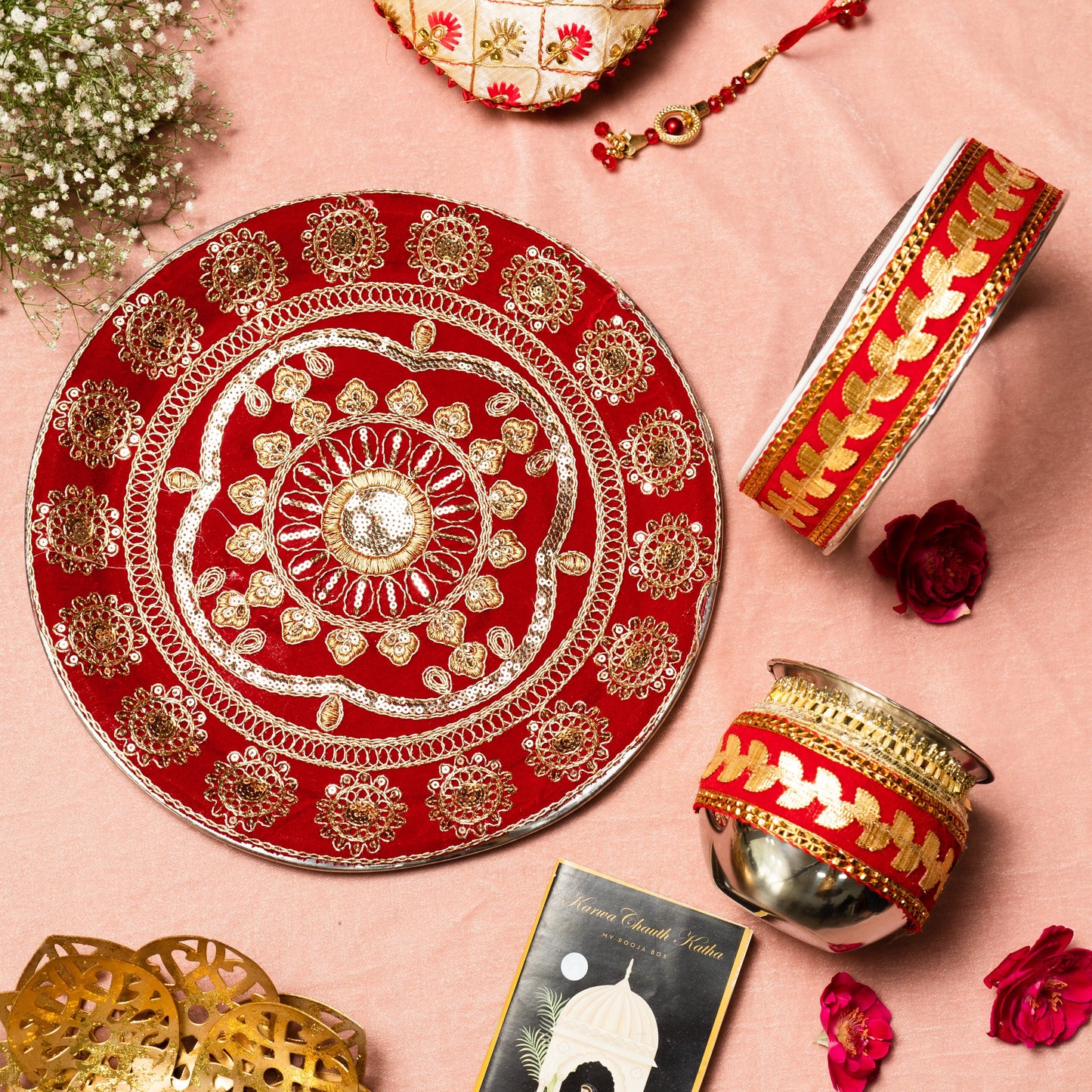 Swarnika Red Zari Karwa Chauth Thali Set