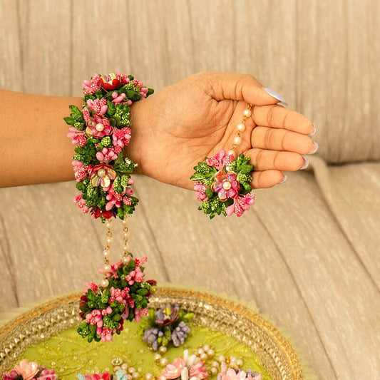 Floral Green Pink Haath Phool Bracelet & Maang Tikka Set