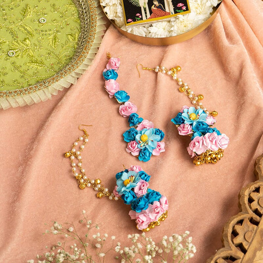 Floral Blue Baby Pink Earring & Maang Tikka Set