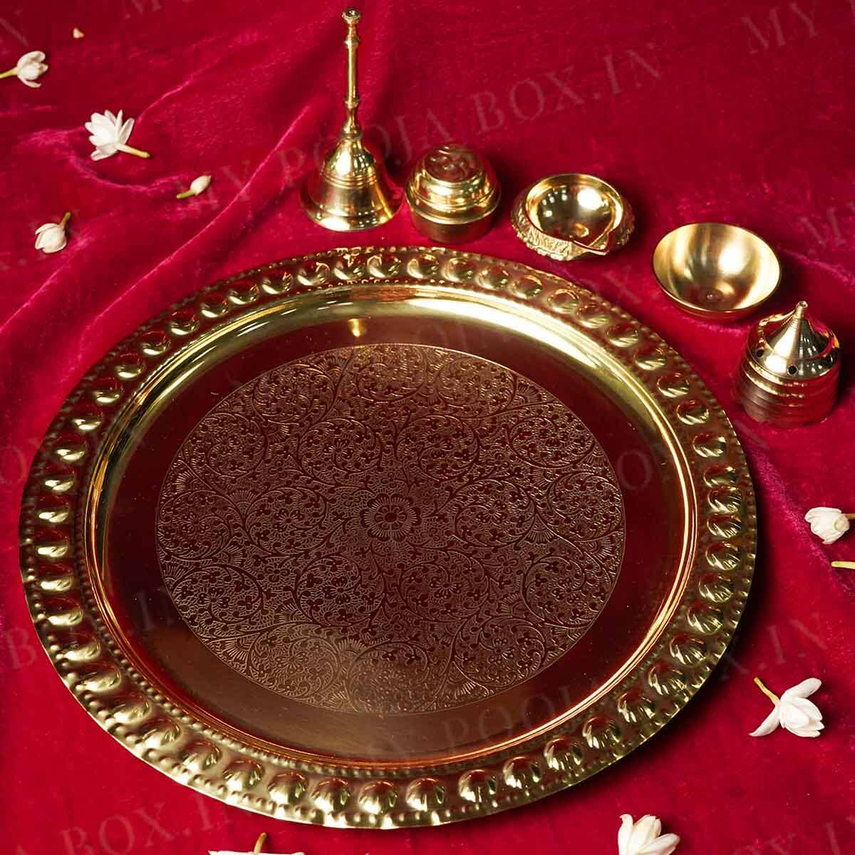 Floral Ornate Brass Pooja Thali Set