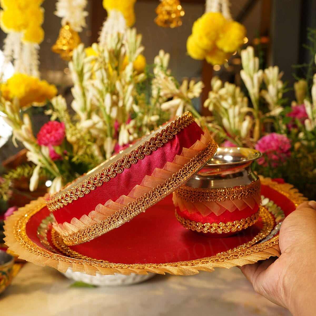 Red Mirror Gota Karwa Chauth Thali Set