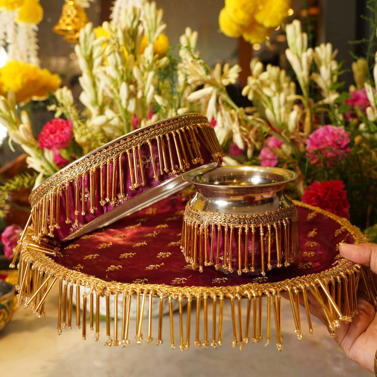 Maroon Tassles Karwa Chauth Thali Set