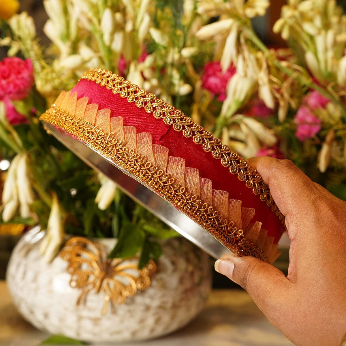 Red Mirror Gota Karwa Chauth Thali Set