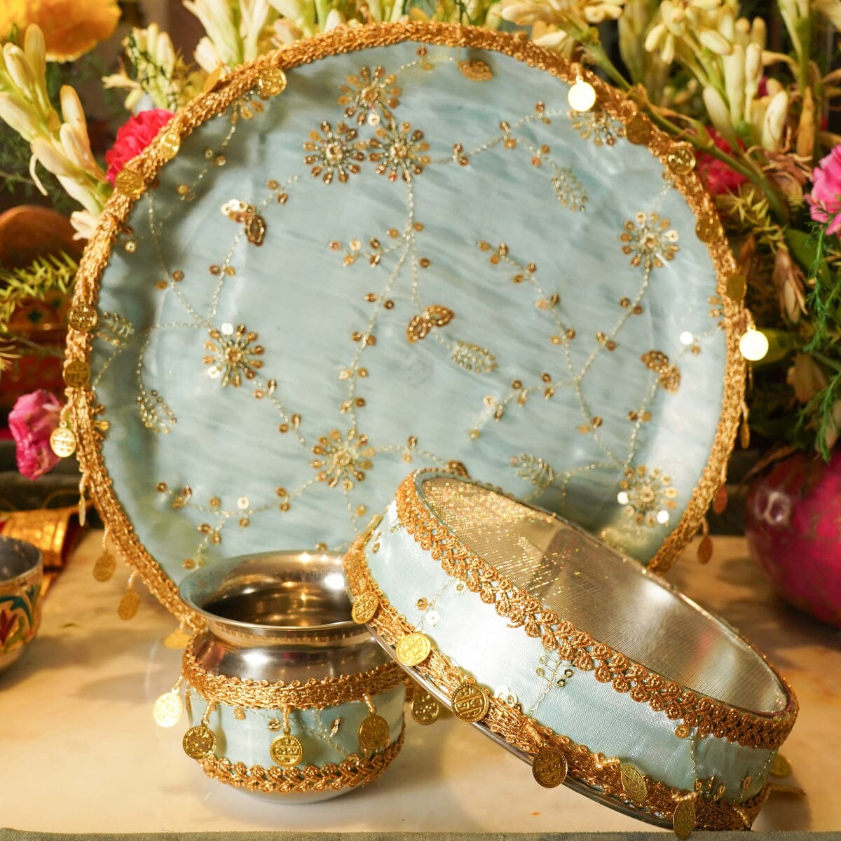 Light Blue Gold Coins Karwa Chauth Thali Set