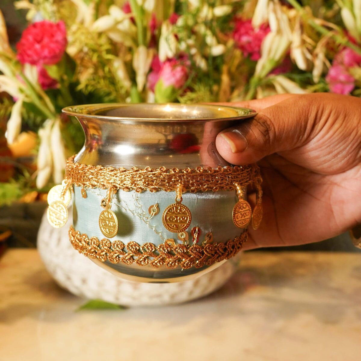 Light Blue Gold Coins Karwa Chauth Thali Set