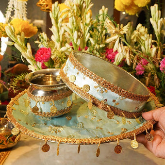 Light Blue Gold Coins Karwa Chauth Thali Set