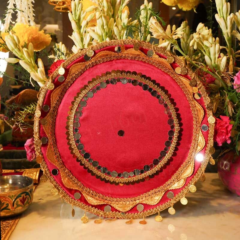 Pink Mirror Gold Coins Karwa Chauth Thali Set