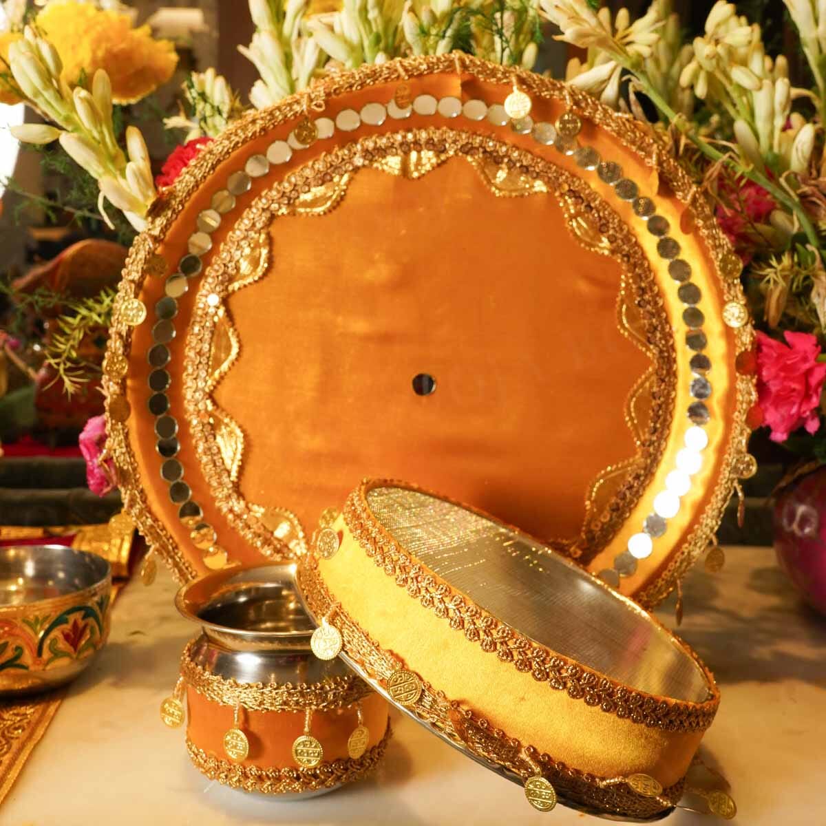 Yellow Gold Coins Karwa Chauth Thali Set